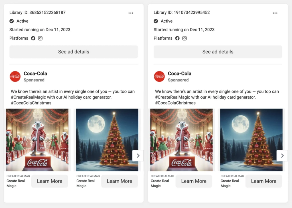 هوش مصنوعی و کوکاکولا 2 اسکرین شات از کتابخانه تبلیغات فیس بوک، دسامبر 2023
