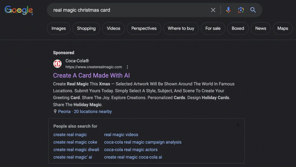 هوش مصنوعی و کوکاکولا 2 اسکرین شات از گوگل، دسامبر ۲۰۲۳